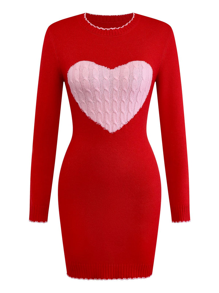 1960s Knit Heart Pattern Long Sleeve Dress