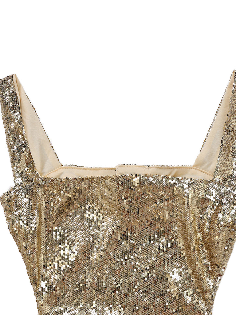 Gold 1920s Sequined Backless Evening Maxi Dress