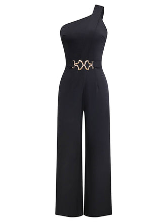 Black 1980s One Shoulder Wide Leg Belt Jumpsuit