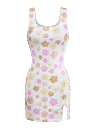 1980s Colorful Floral Sequined Slit Bodycon Dress