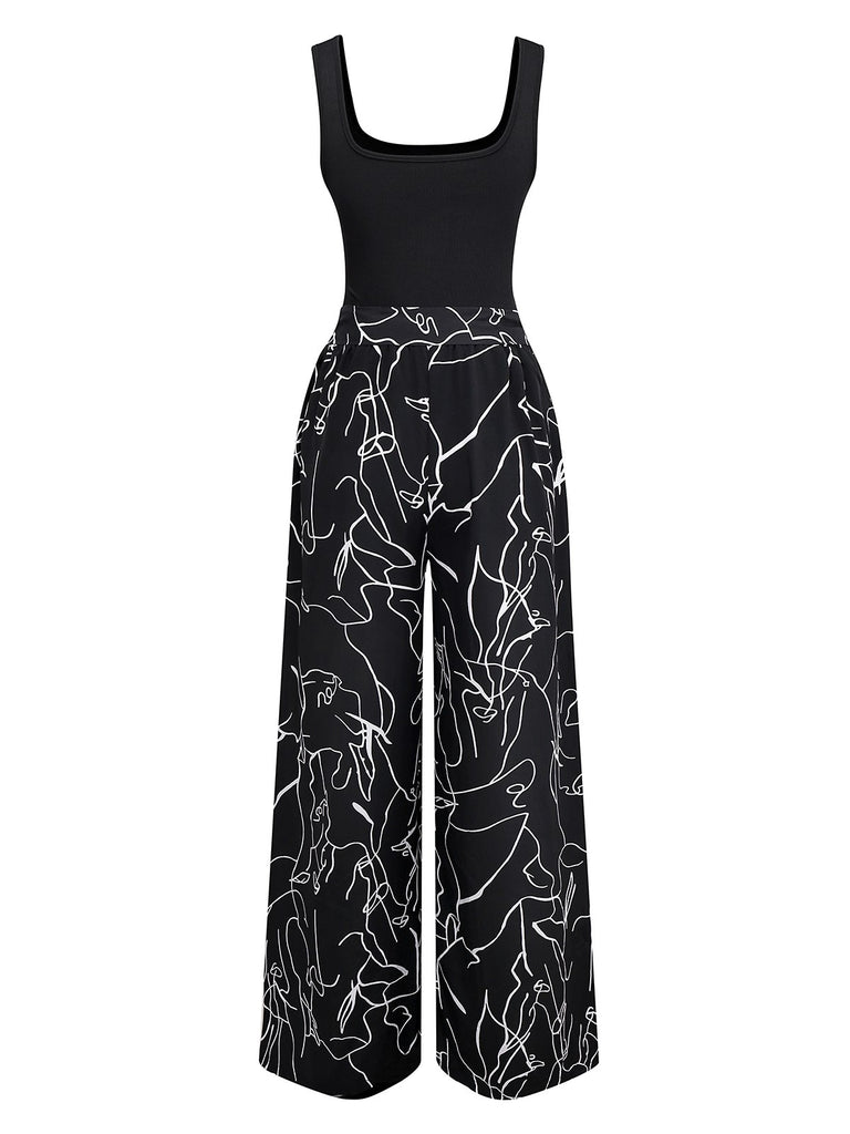 Black 1970s U-Neck Tank Top & Abstract Prints Pants