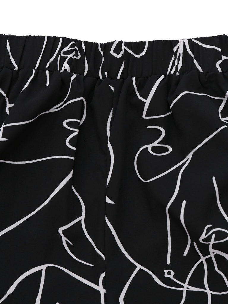 Black 1970s U-Neck Tank Top & Abstract Prints Pants