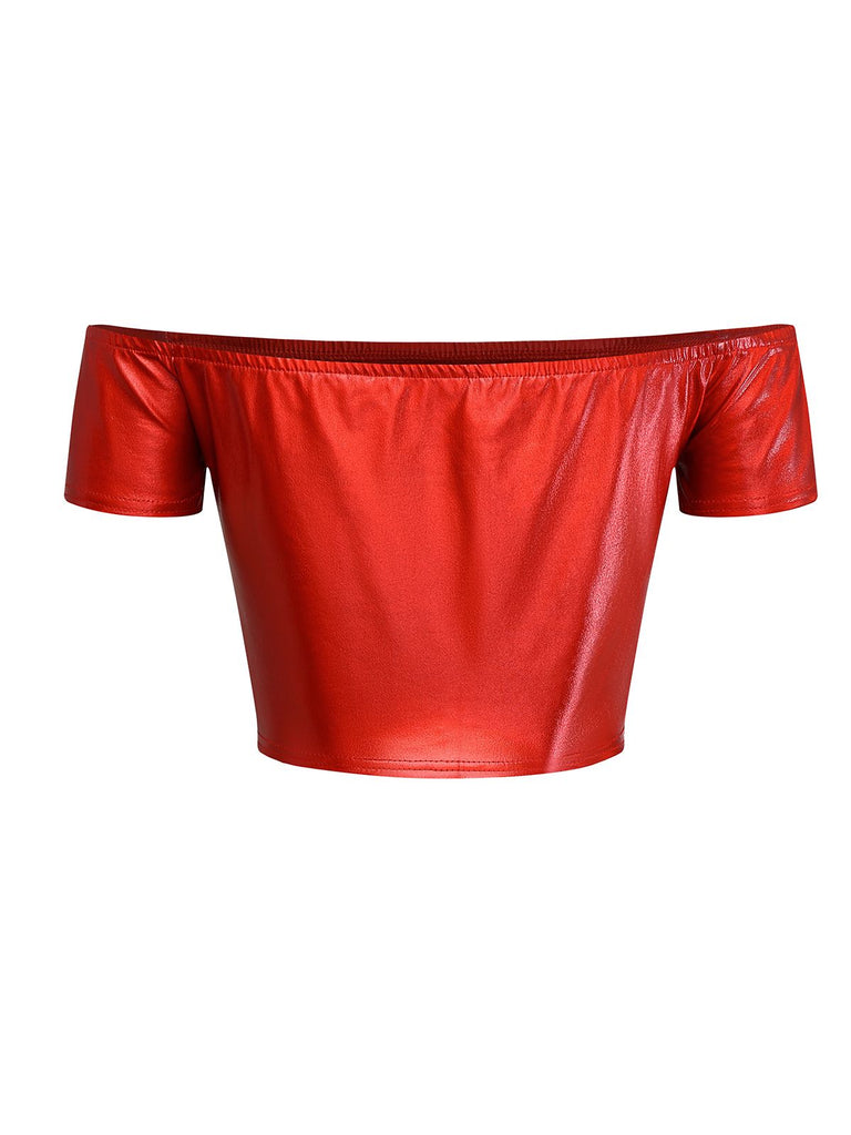 1970s Disco Metallic Off-Shoulder Short Sleeve Top