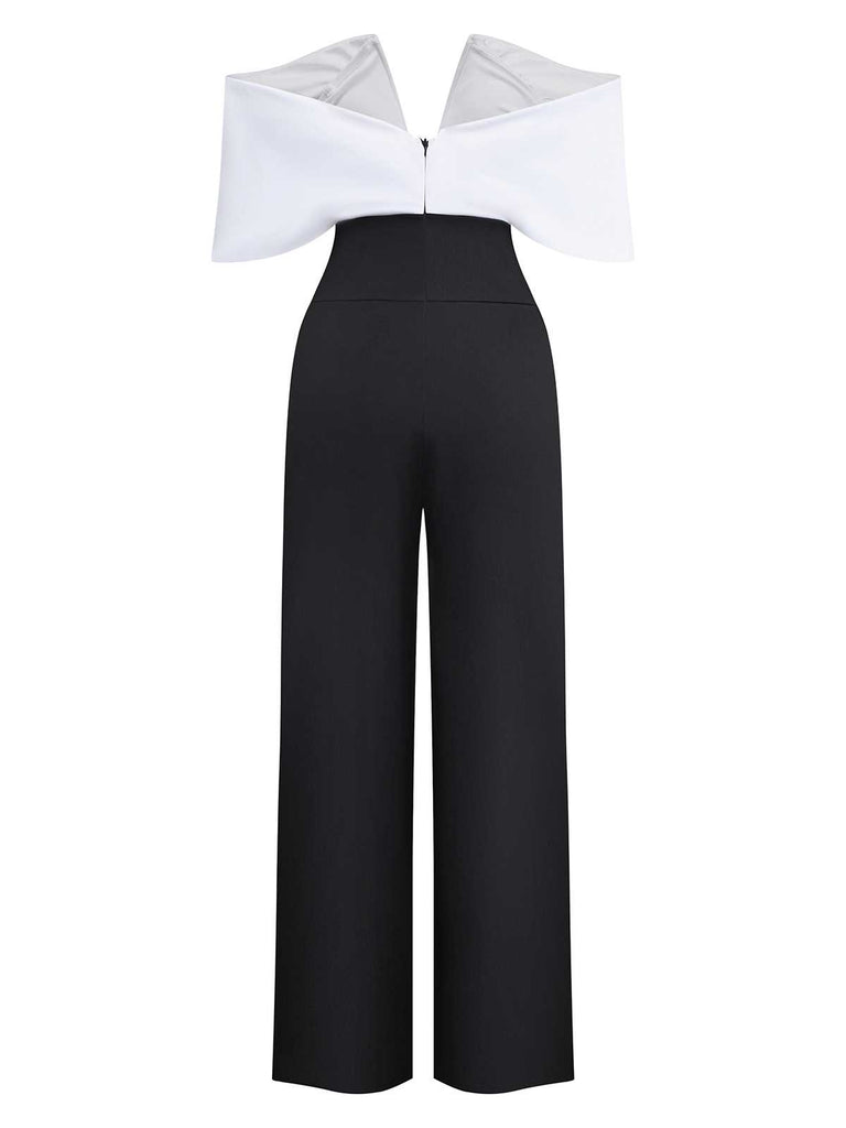 1970s Off-Shoulder Deep-V Contrast Jumpsuit