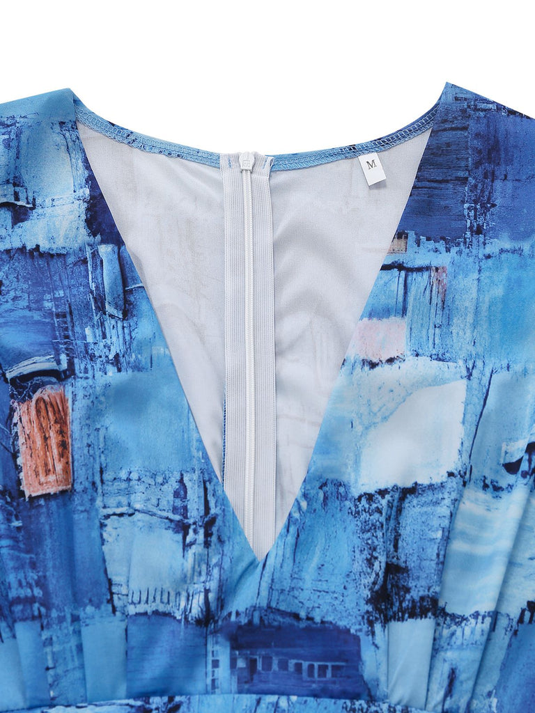 Blue 1940s Patchwork Puff-Sleeve V-Neck Jumpsuit