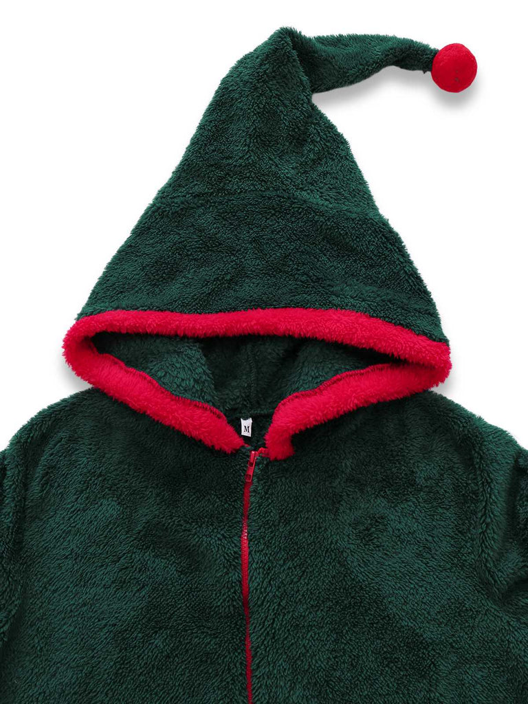 Green 1970s Christmas Sherpa Hooded Jumpsuit Pajama