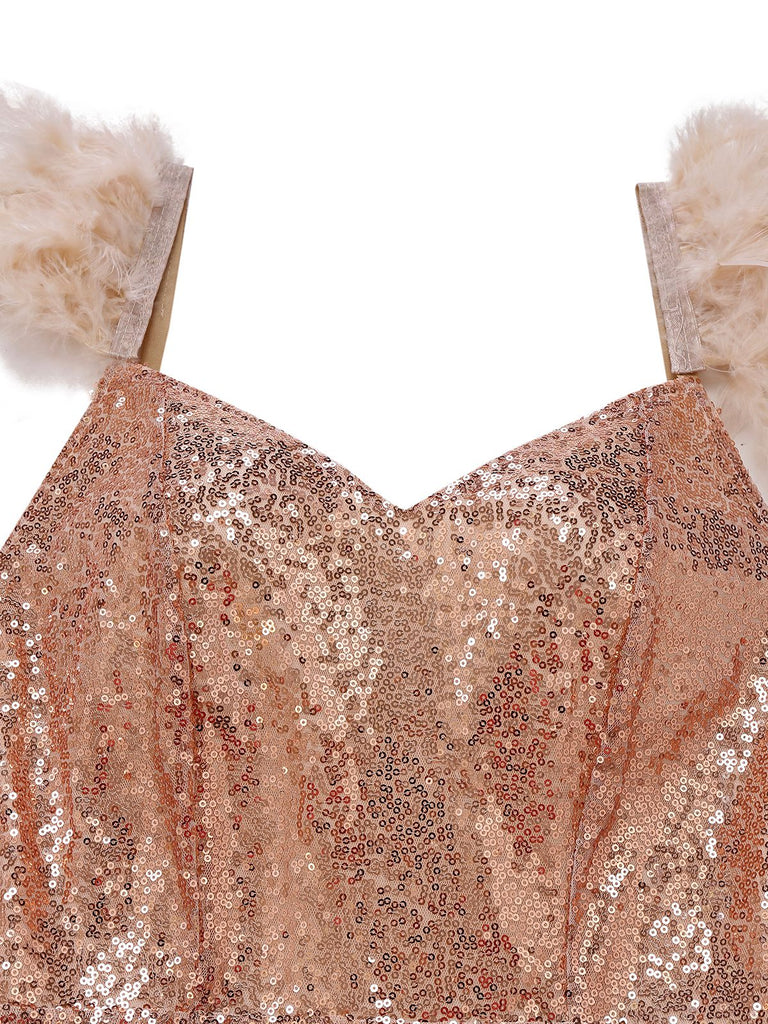 1930s V-Neck Feather Strap High Slit Sequined Dress