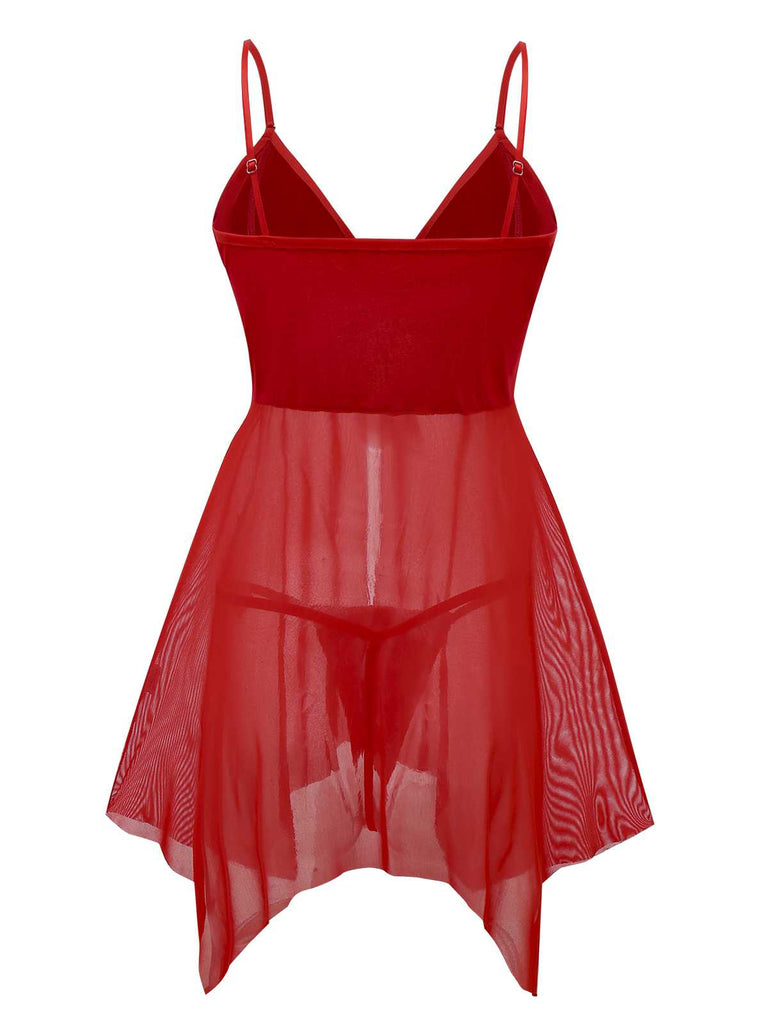 Red 1970s Sheer Babydoll Lingerie Set With Pom Pom