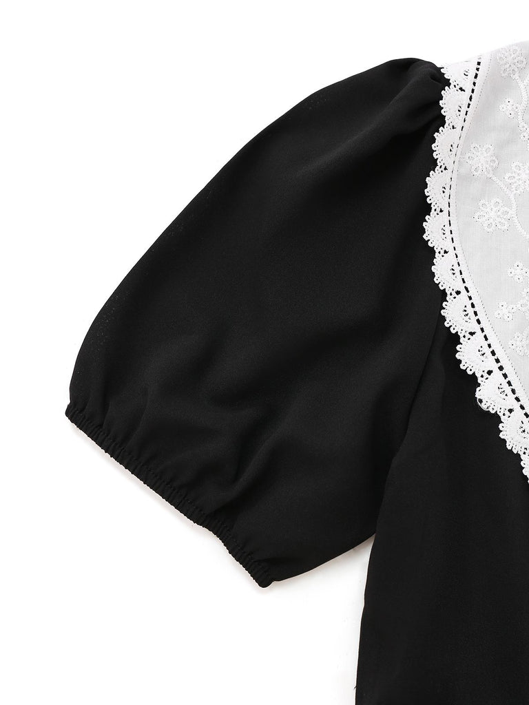 Black 1960s Lace Collar Puff Sleeve Dress