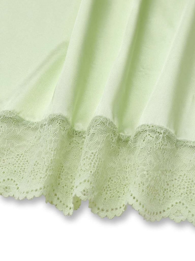 Green 1960s Lace Satin V-Neck Spaghetti Strap Nightgown