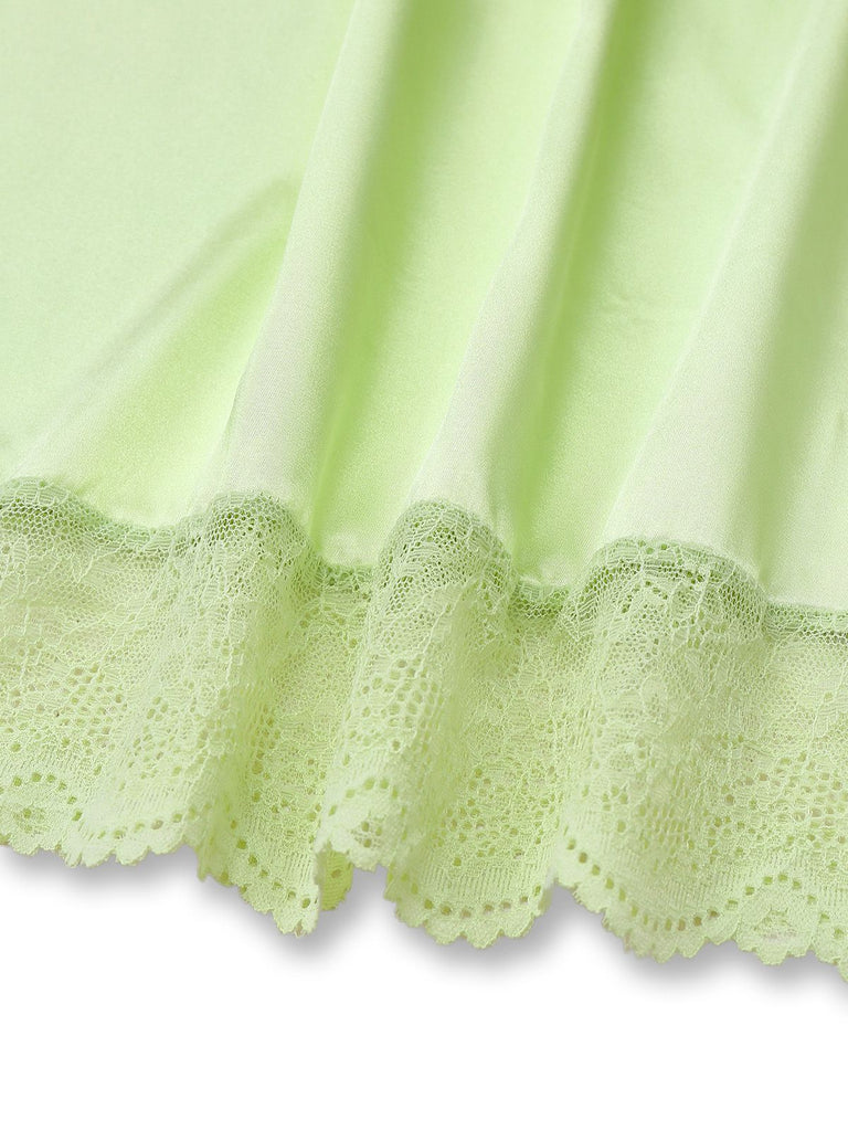 Green 1960s Lace Satin V-Neck Spaghetti Strap Nightgown