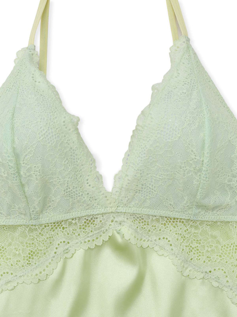 Green 1960s Lace Satin V-Neck Spaghetti Strap Nightgown