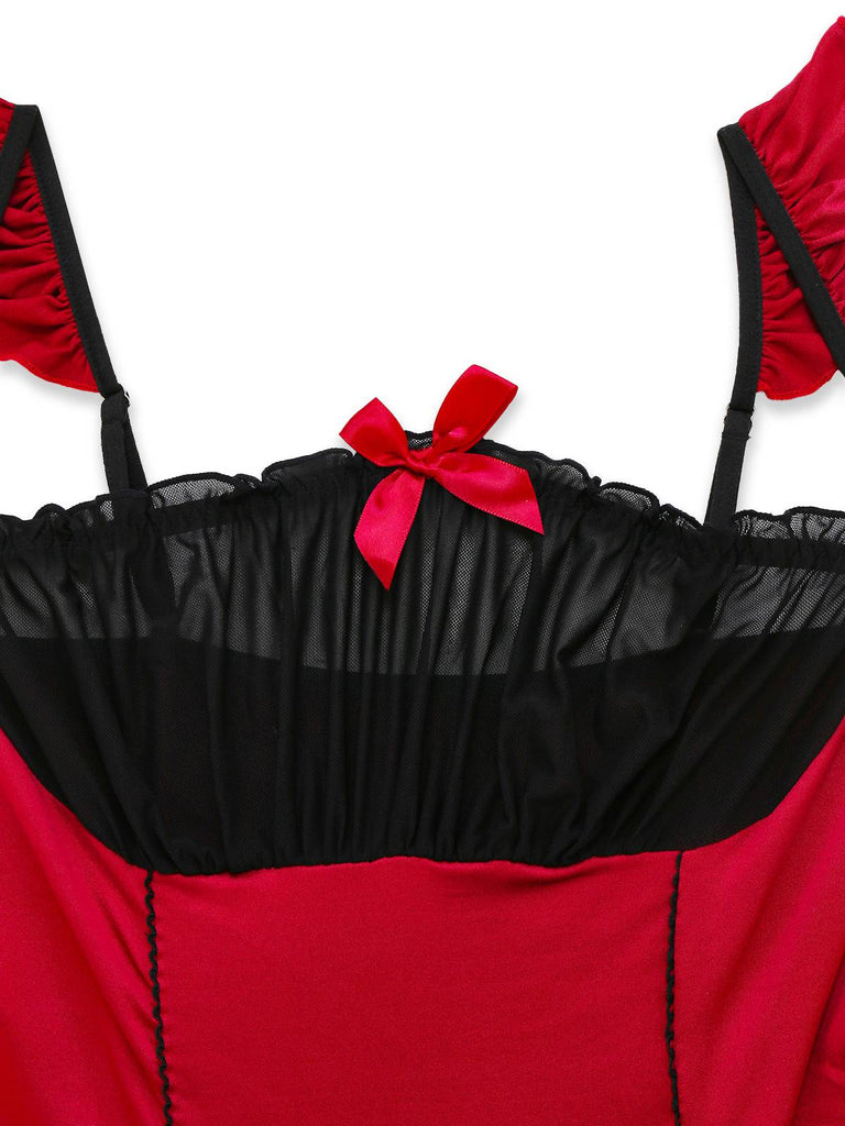 Red 1960s Bow Lace Patchwork Ruffled Nightgown