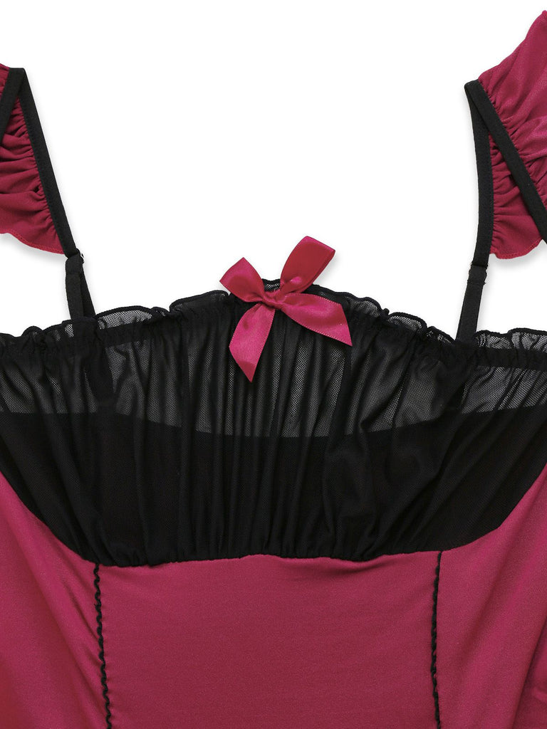 Red 1960s Bow Lace Patchwork Ruffled Nightgown