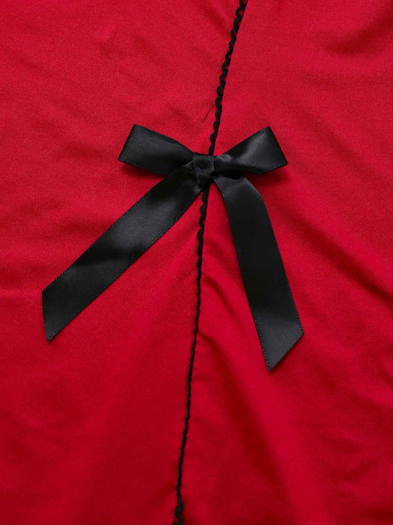 Red 1960s Bow Lace Patchwork Ruffled Nightgown