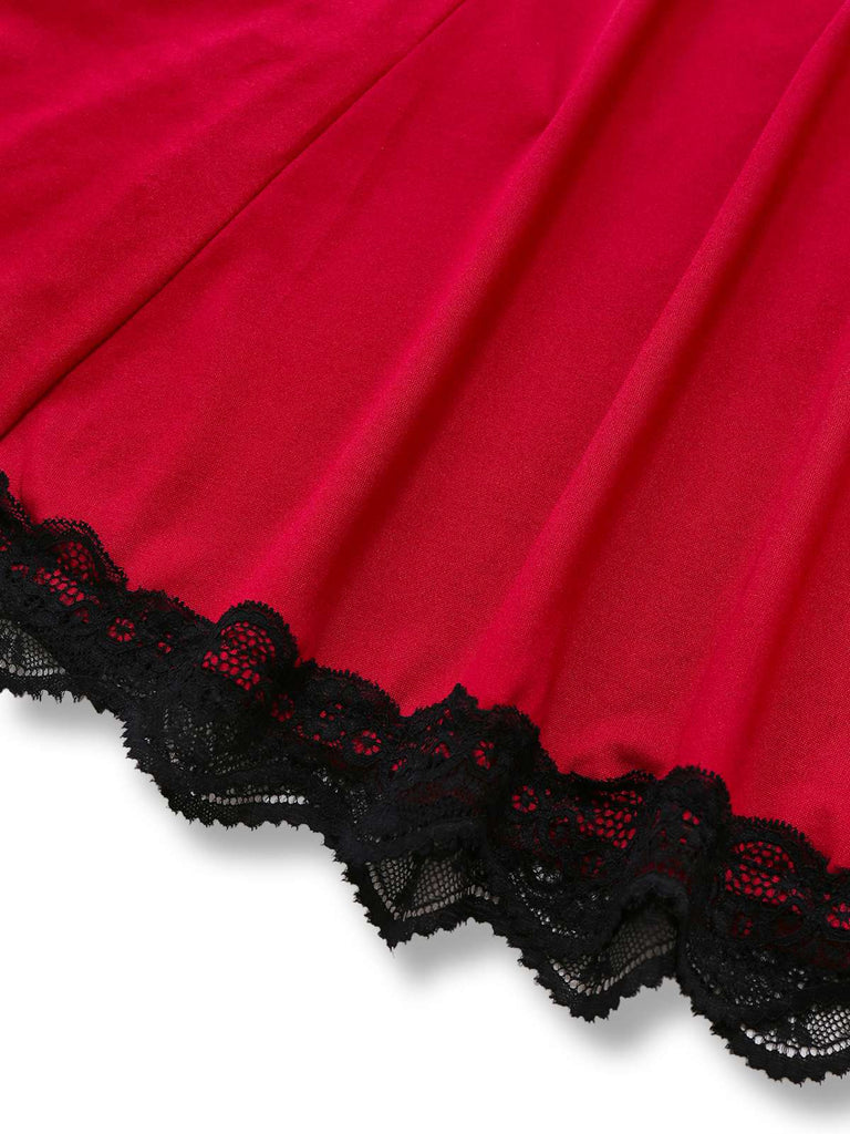 Red 1960s Bow Lace Patchwork Ruffled Nightgown