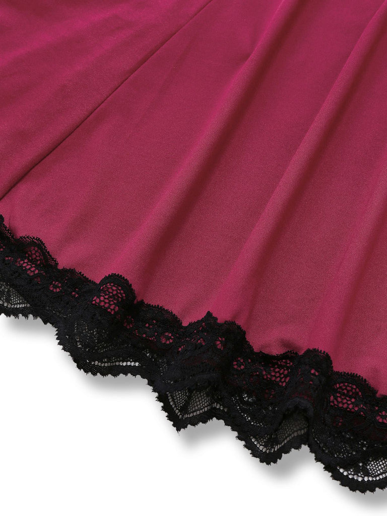 Red 1960s Bow Lace Patchwork Ruffled Nightgown