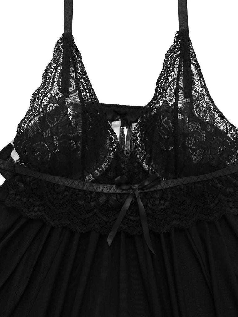 1960s Spaghetti Strap Lace Sheer Babydoll Lingerie Set