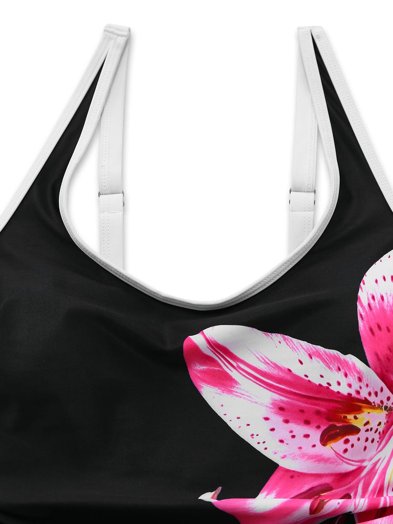 Black 1940s Floral Tankini One-Piece Swimsuit