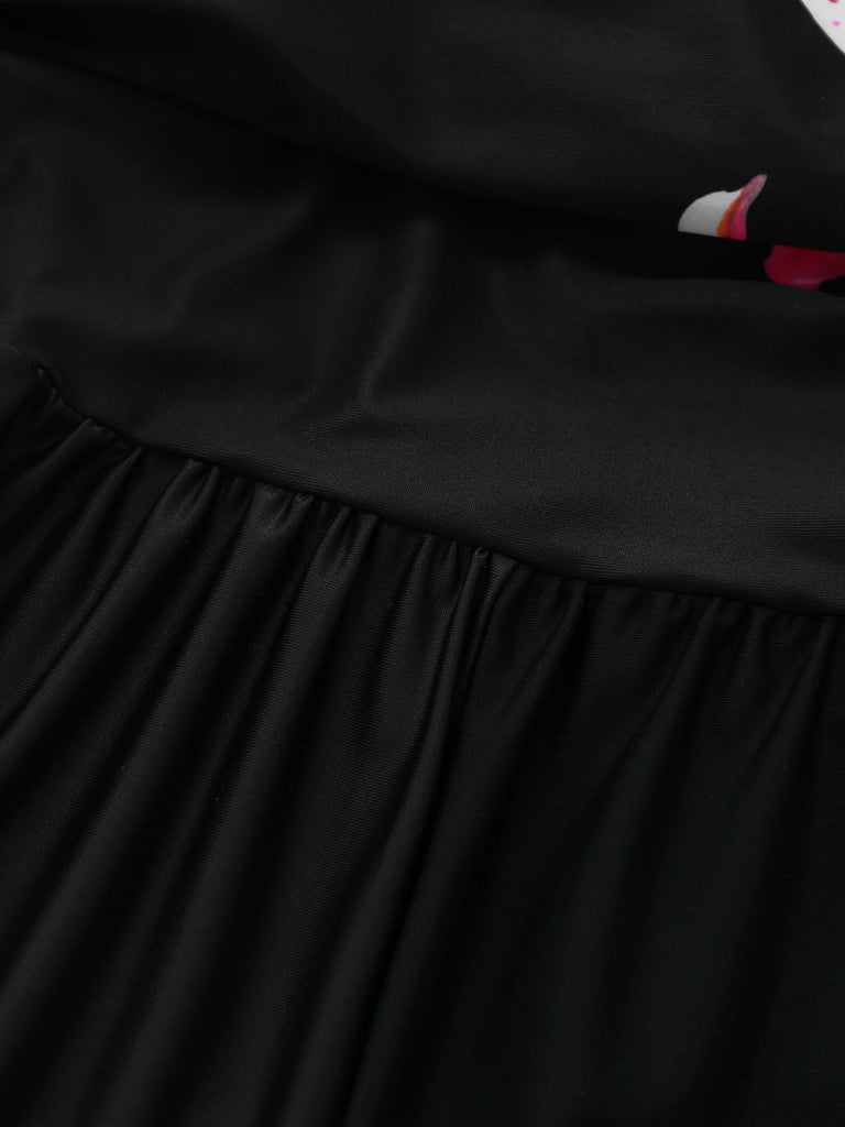 Black 1940s Floral Tankini One-Piece Swimsuit