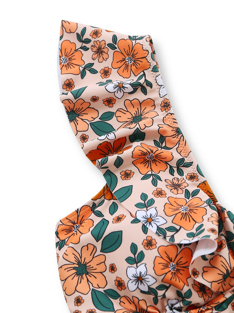 Back view: 1930s 1930s Floral Ruffle Cutout Tie-Front One-Piece Swimsuit, perfect for retro themed parties, vintage fashion enthusiasts and special occasions