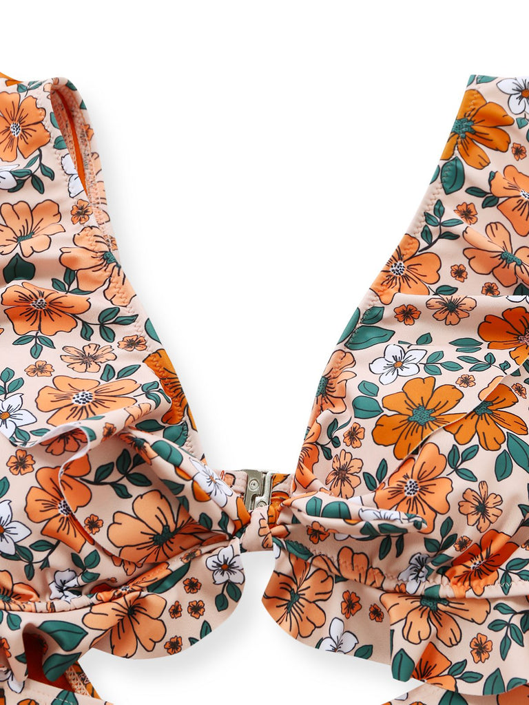 Detail close-up: 1930s 1930s Floral Ruffle Cutout Tie-Front One-Piece Swimsuit, perfect for retro themed parties, vintage fashion enthusiasts and special occasions