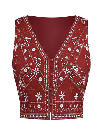 Dark Red 1970s Embroidered Boho Vest