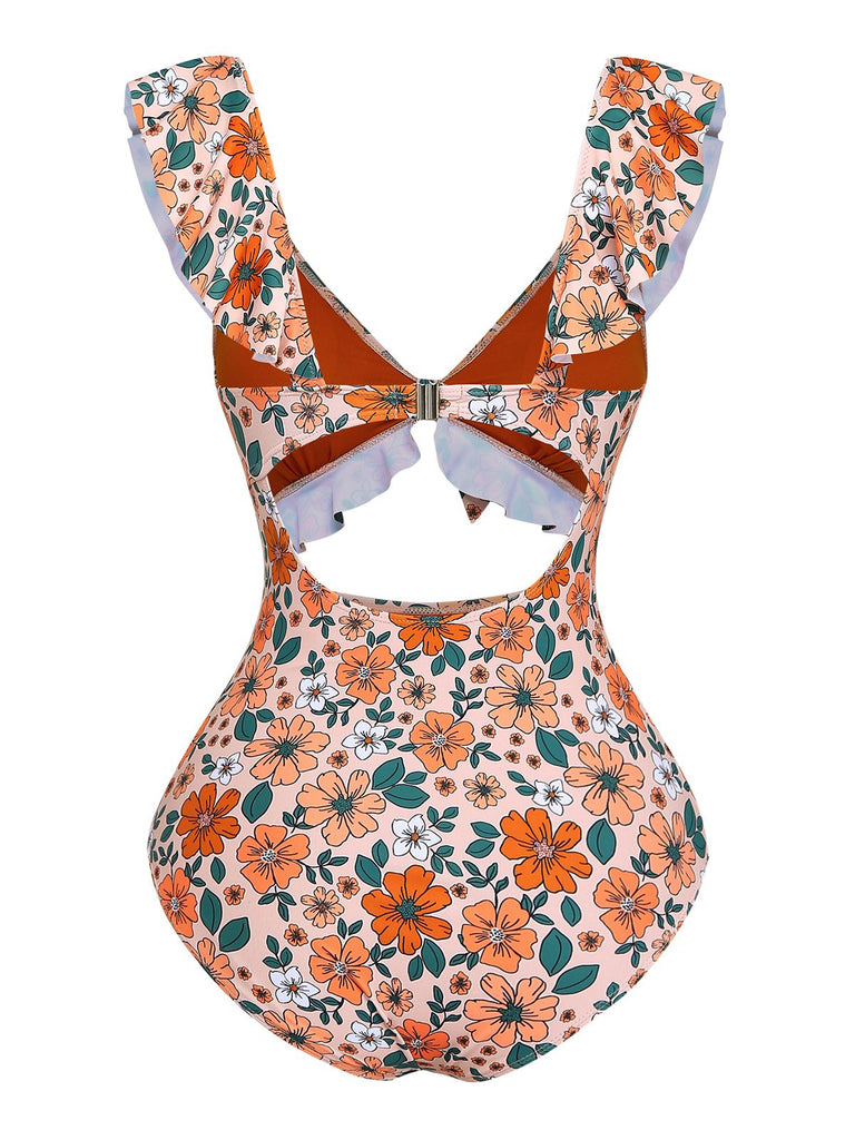 Side view: 1930s 1930s Floral Ruffle Cutout Tie-Front One-Piece Swimsuit, perfect for retro themed parties, vintage fashion enthusiasts and special occasions