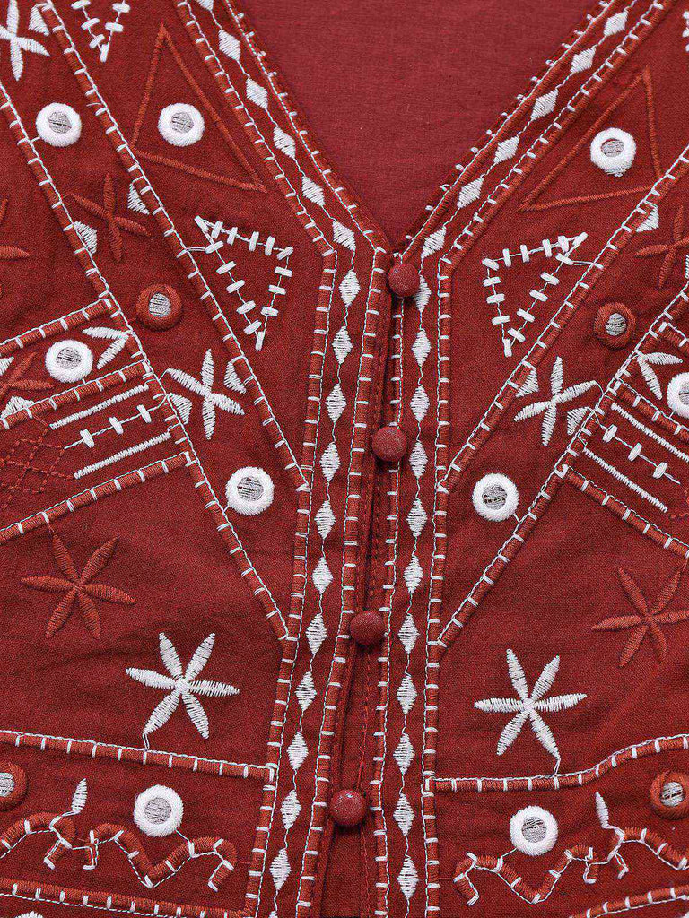 Dark Red 1970s Embroidered Boho Vest
