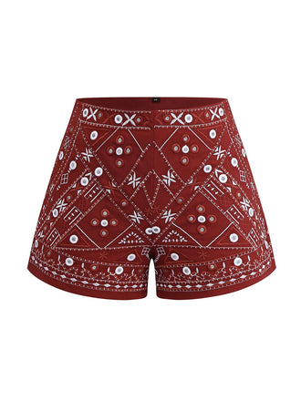Dark Red 1970s Embroidered Boho Shorts
