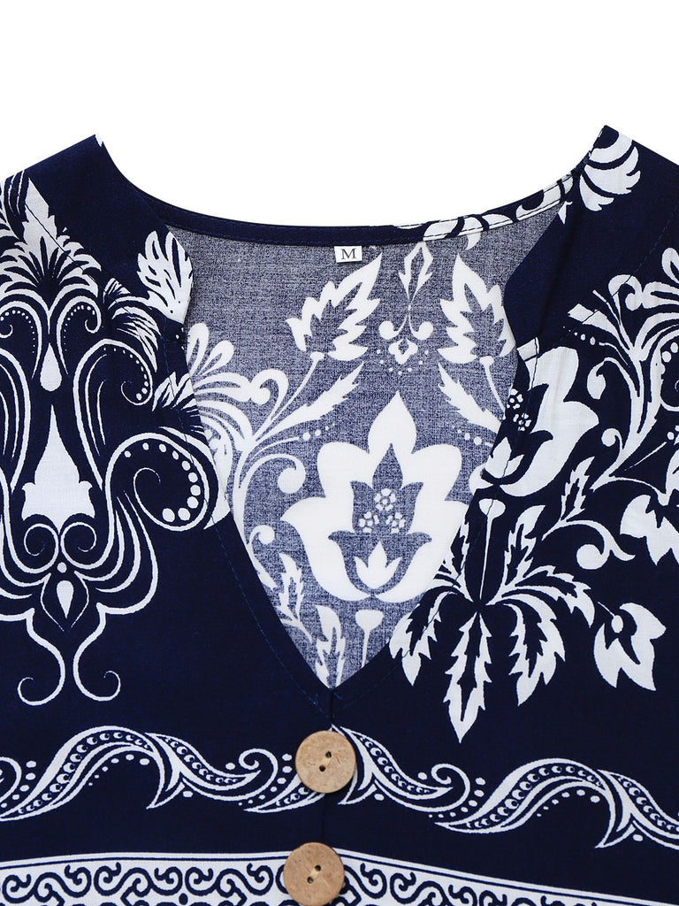 1970s Boho V-Neck Button Belted Dress