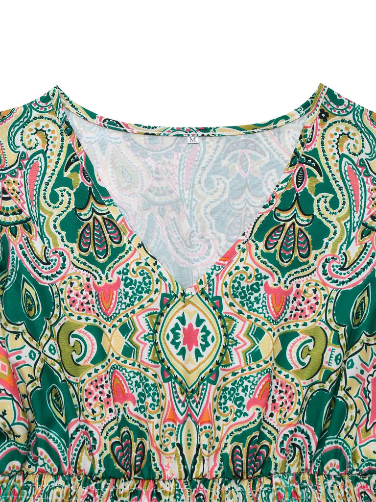 1970s V-Neck Paisley Print Ruffed Sleeve Dress