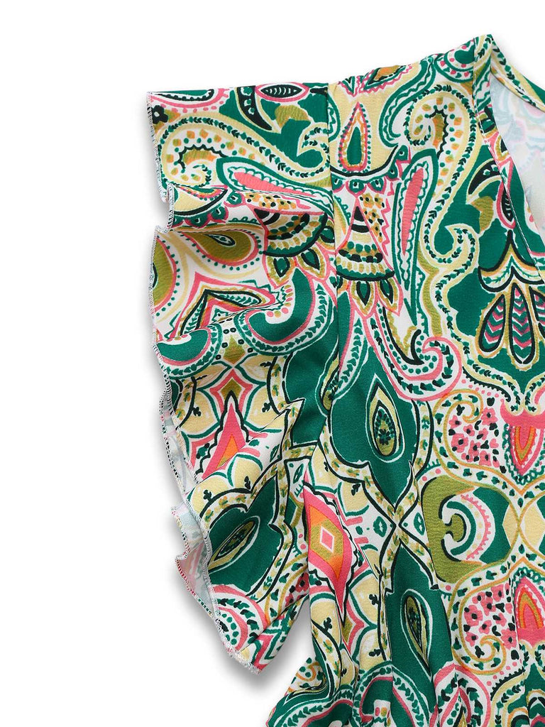 1970s V-Neck Paisley Print Ruffed Sleeve Dress