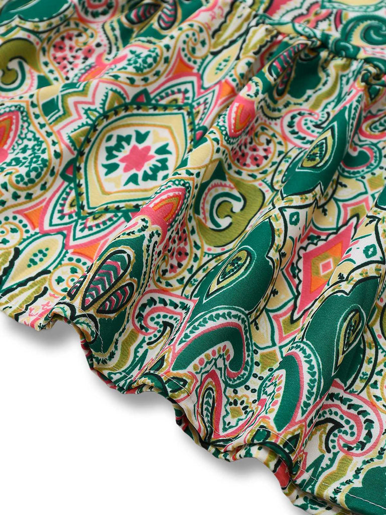 1970s V-Neck Paisley Print Ruffed Sleeve Dress