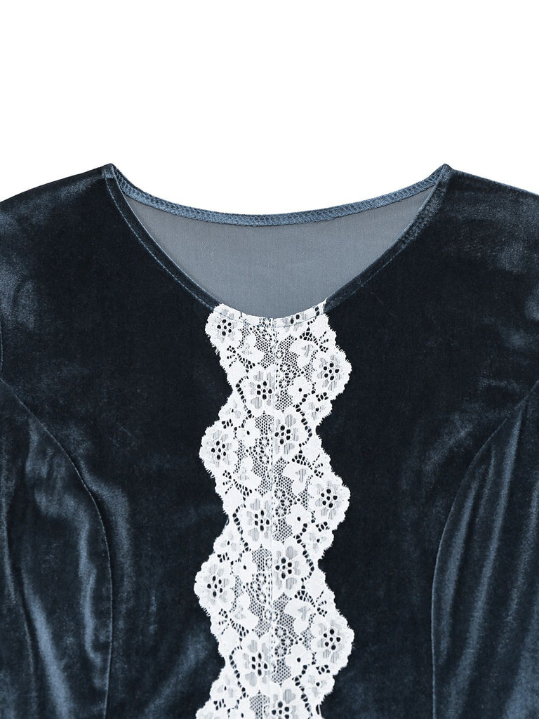Blue 1930s Faux Fur Lace Patchwork Velvet Dress