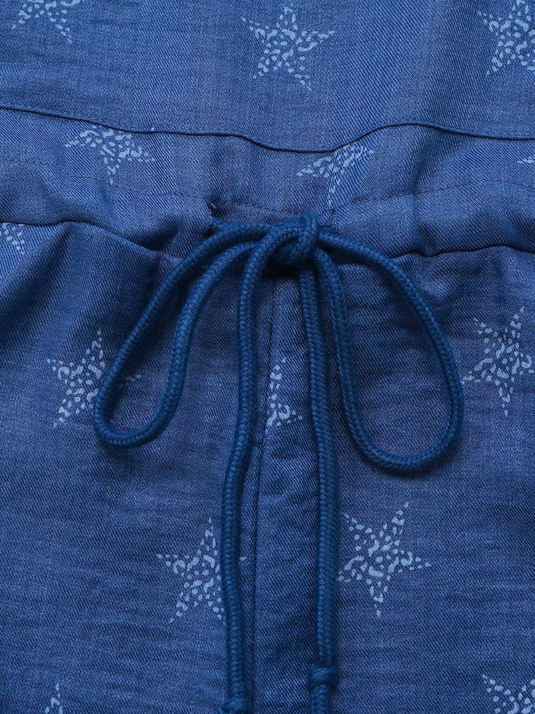 Blue 1970s Boho Star Print Overall Jumpsuit