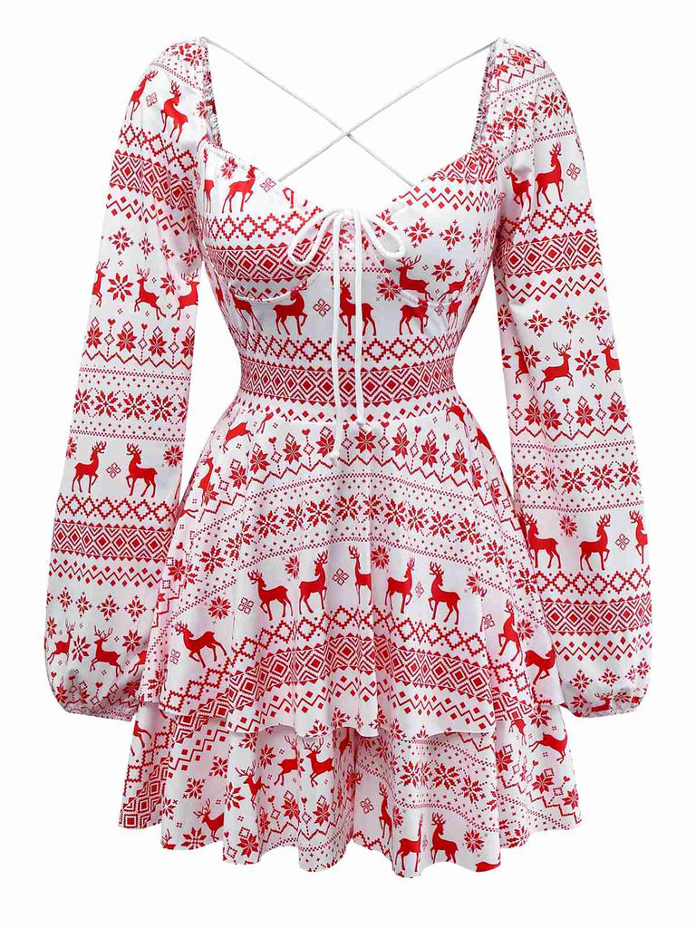 Red 1960s Christmas Reindeer Lace-Up Backless Dress