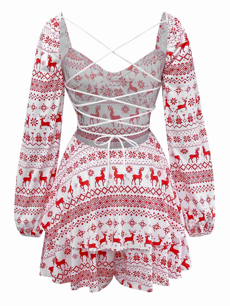 Red 1960s Christmas Reindeer Lace-Up Backless Dress