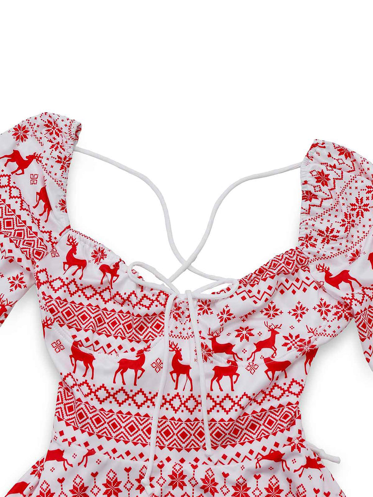 Red 1960s Christmas Reindeer Lace-Up Backless Dress