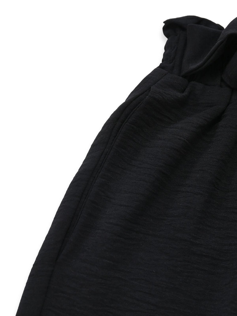 Black 1970s Solid Belted Wide-Leg Pants