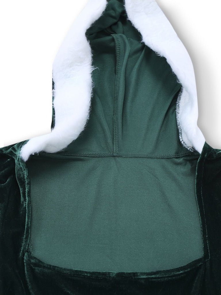 1980s Christmas Fur Trim Hooded Velvet Dress