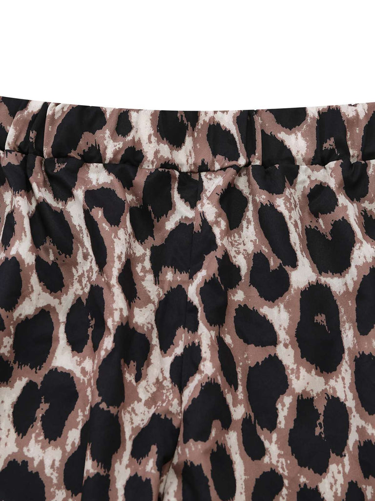 [Plus Size] Khaki 1970s Leopard Print Fringed Shorts