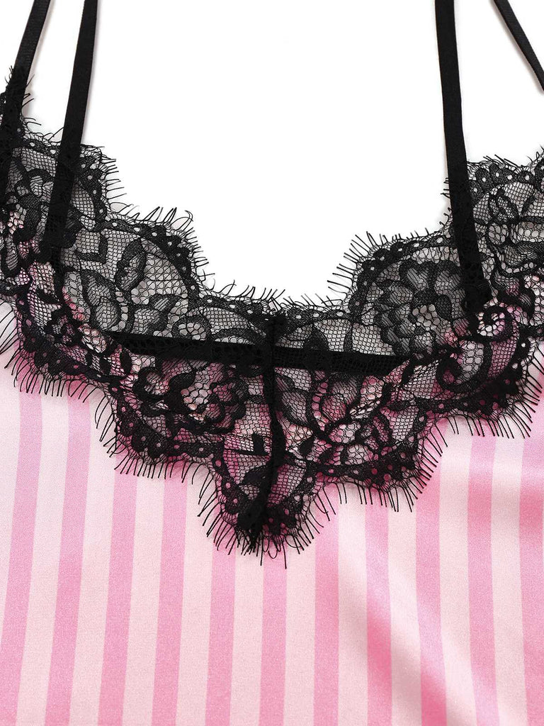 Pink 1930s Strap Strips Lace Pajama Set