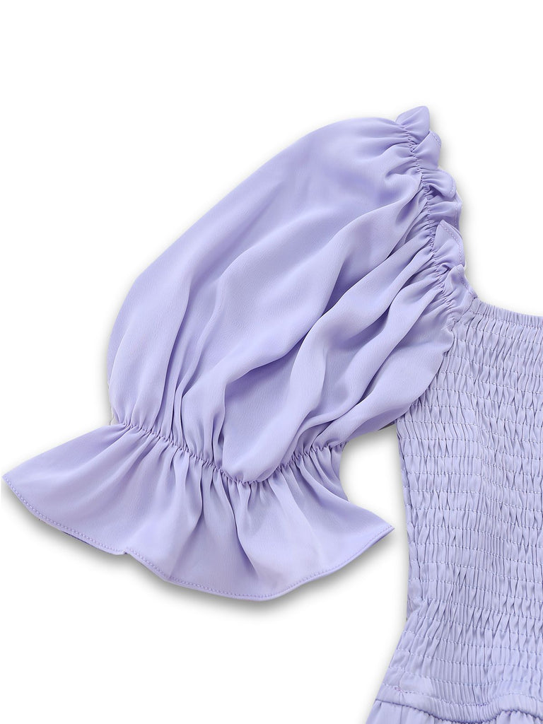 1960s Square-Neck Puff-Sleeve Smocked Stretch Mini Dress