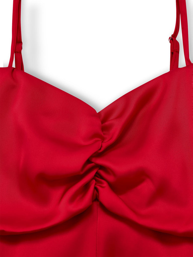 Red 1980s Bow Off-Shoulder Satin Side Slit Midi Dress