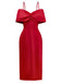 Red 1980s Bow Off-Shoulder Satin Side Slit Midi Dress