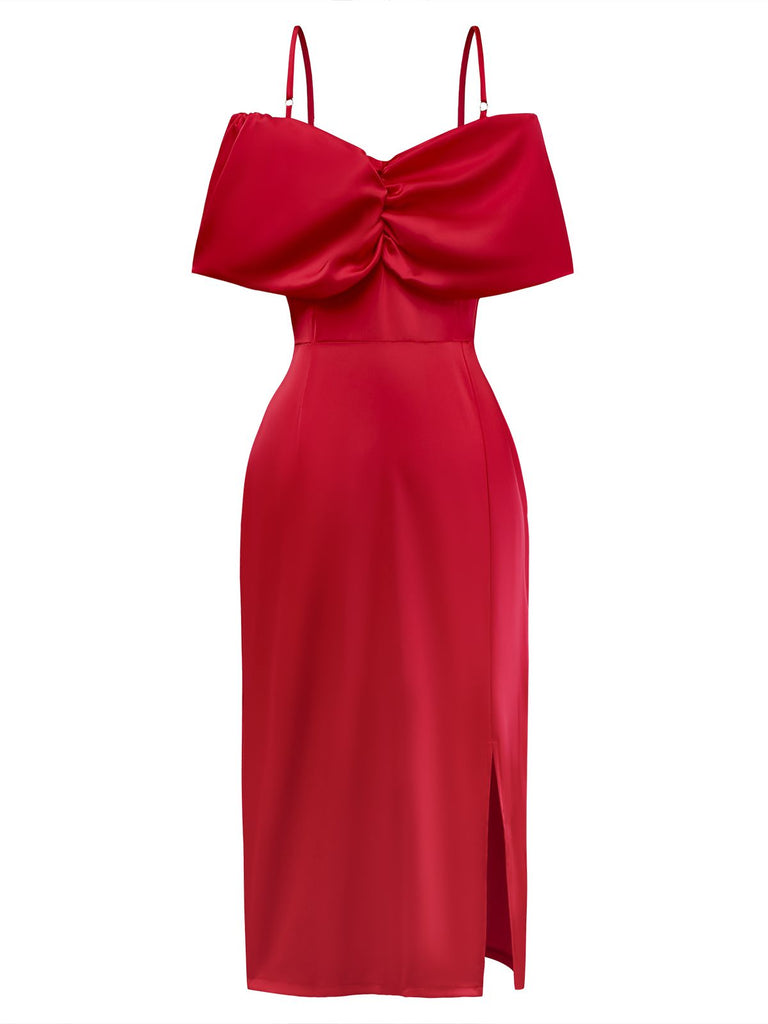 Red 1980s Bow Off-Shoulder Satin Side Slit Midi Dress