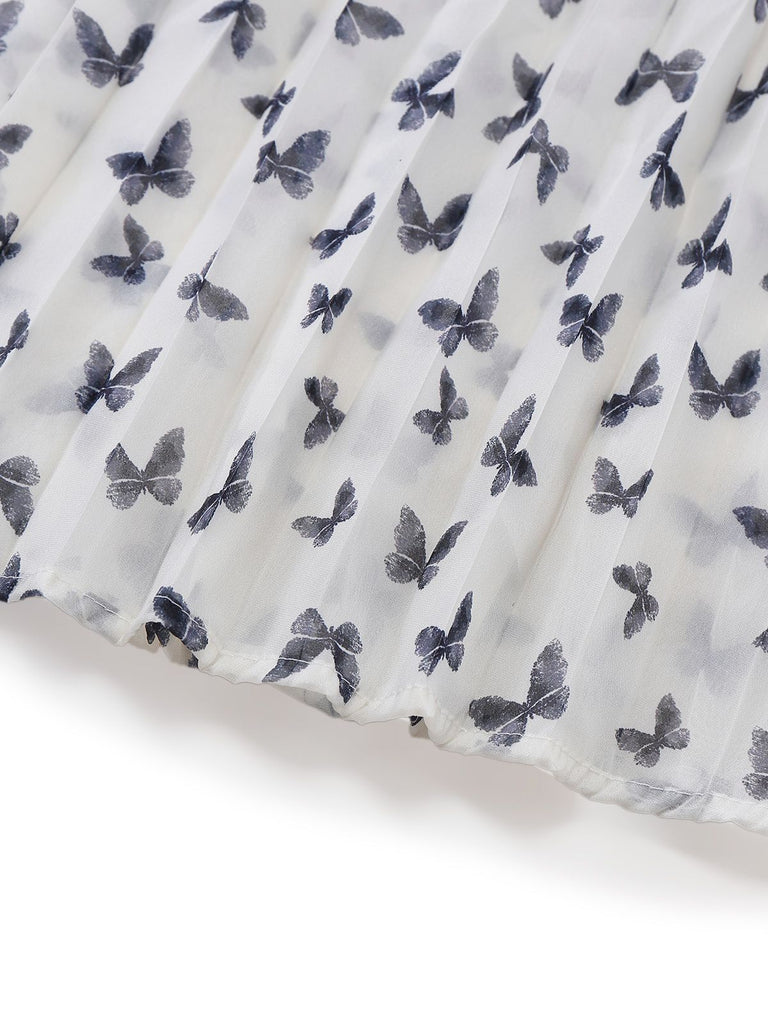 White 1980s Butterfly Pearl Pleated Velvet Corset Midi Dress