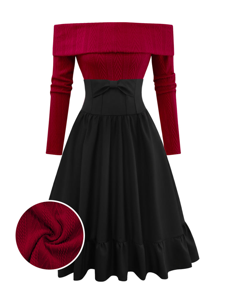 [Pre-Sale] 2PCS 1950s Off-Shoulder Knitted Sweater & Bow Skirt