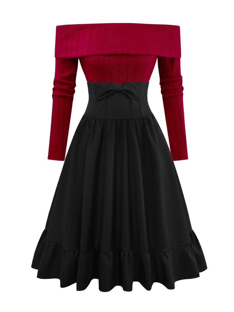 [Pre-Sale] 2PCS 1950s Off-Shoulder Knitted Sweater & Bow Skirt